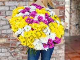 Букет из 25 разноцветных кустовых хризантем с оформлением в крафт бумагу