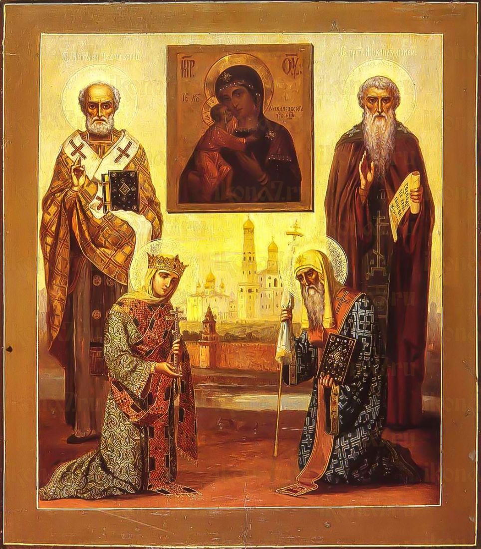 Икона Михаил Малеин, Николай Чудотворец, Александра Римская и Алексий Московский
