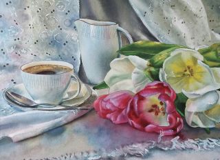 Почтовая открытка Кофейный натюрморт с тюльпанами