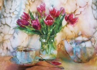 Почтовая открытка Натюрморт с тюльпанами