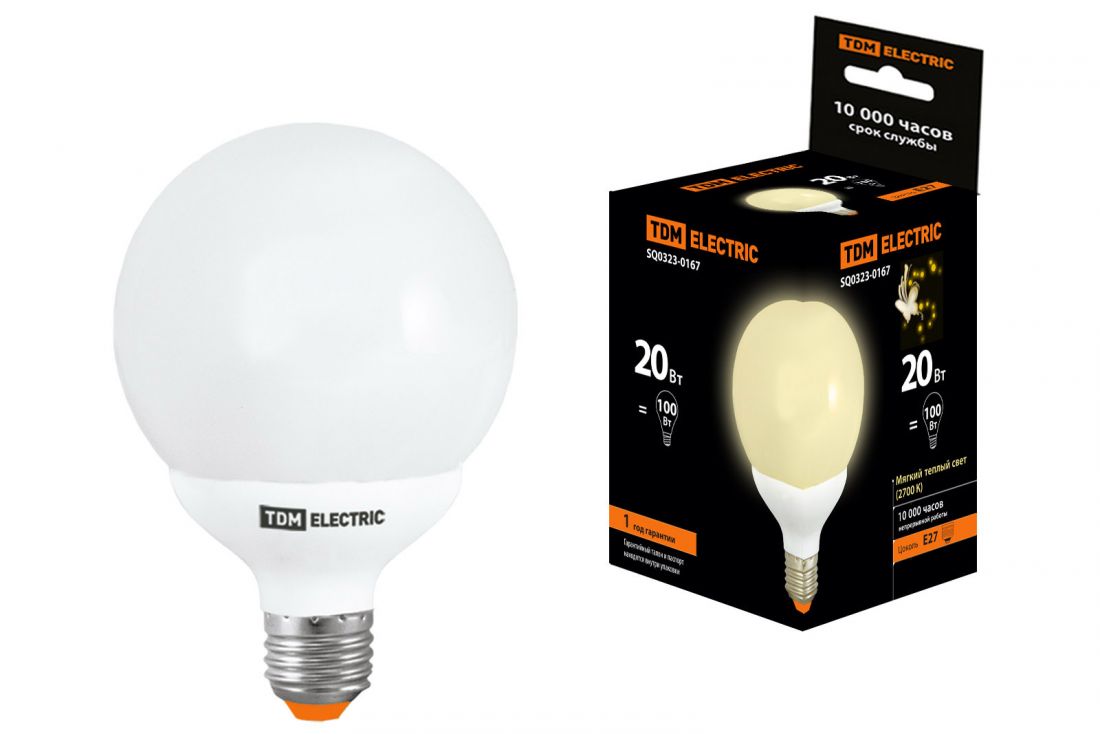 Лампа энергосберегающая КЛЛ-G95-20 Вт-2700 К–Е27 TDM