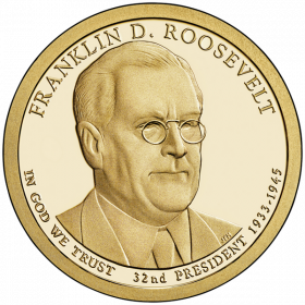 32-й президент США - Франклин Рузвельт. 1 доллар США 2015 года