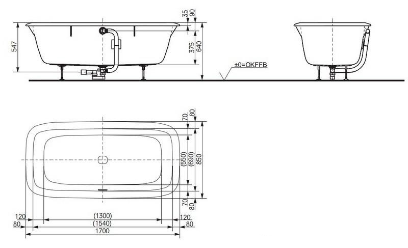 TOTO акриловая ванна NC PAY1740PWEE 170х85 см схема 1