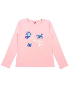 CAJ61922 Лонгслив для девочки персикового цвета с голубыми бабочками Cherubino