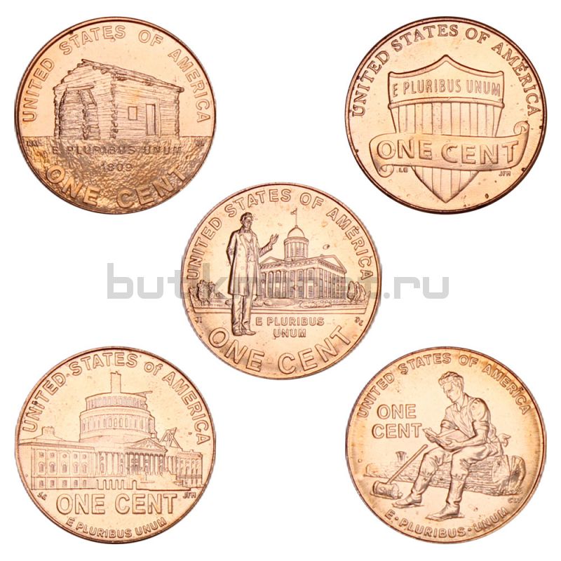 Набор 1 цент 2009-2010 США Жизнь Линкольна (5 монет)