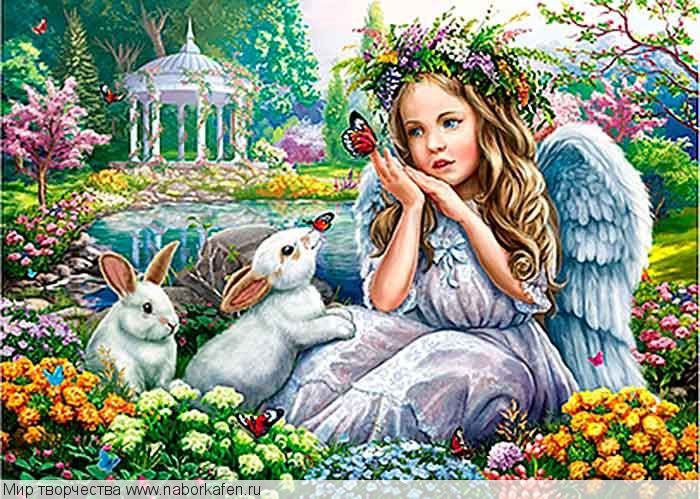 Алмазная вышивка «Девочка-ангелочек и кролики»