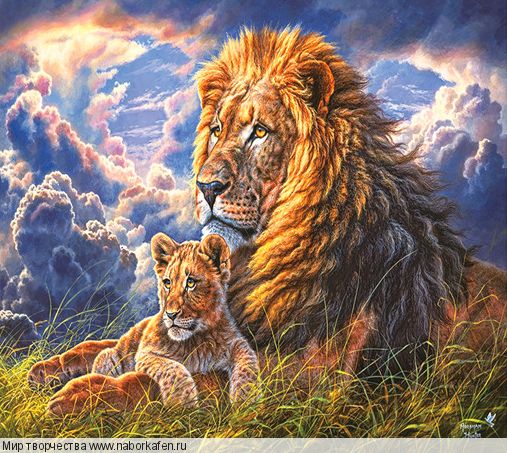 Алмазная вышивка «Лев с львенком и густые тучи»