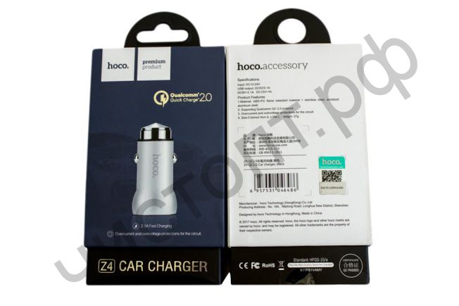 АЗУ HOCO Z4 с 1 USB выходом 2100mA, алюминий, быстрый заряд QC2.0, цвет: чёрный