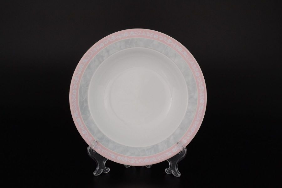 Набор тарелок глубоких 22 см "Яна Серый мрамор с розовым кантом", 6 шт.