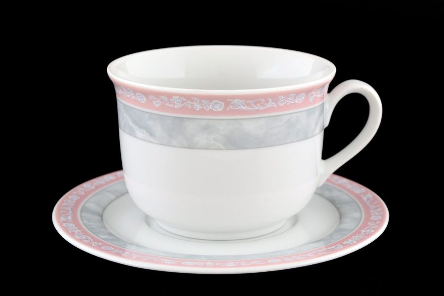 Чайный набор на 6 персон "Яна Серый мрамор с розовым кантом", 12 пр., 380 мл
