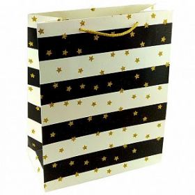Пакет подарочный "Золотые звездочки на черно-белом" с глиттером, 26*32*10 см