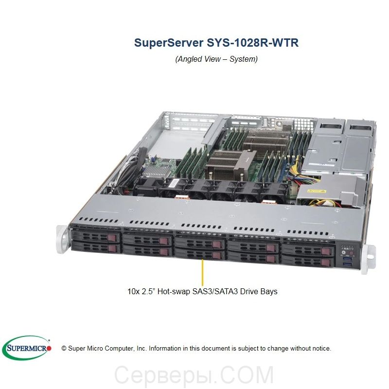 Серверная платформа Supermicro SuperServer 1028R-WTR 1U 2xLGA 2011v3 10x2.5", SYS-1028R-WTR