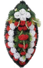 Фото Ритуальный венок из искусственных цветов - Классика #09 красно-белый из роз, хризантем и зелени
