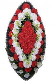 Фото Ритуальный венок из искусственных цветов - Классика #16 красно-белый из гвоздик и лилий