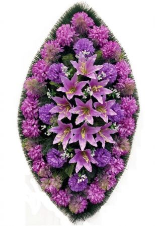 Фото Ритуальный венок из искусственных цветов - Классика #22 фиолетовый из хризантем, лилий и зелени