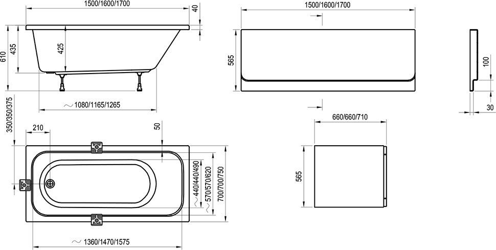 Акриловая ванна с гидромассажем Ravak Chrome 150x70 схема 2