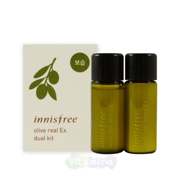 Innisfree Набор пробников тоник и лосьон для лица с маслом оливы Olive Real Skin Ex. Dual Kit [POUCH], 8+8 мл
