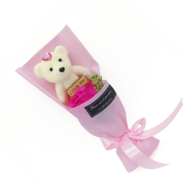 Мыльная роза с мишкой в упаковке (цвет фуксия)