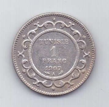 1 франк 1907 года Редкий год XF Тунис Франция