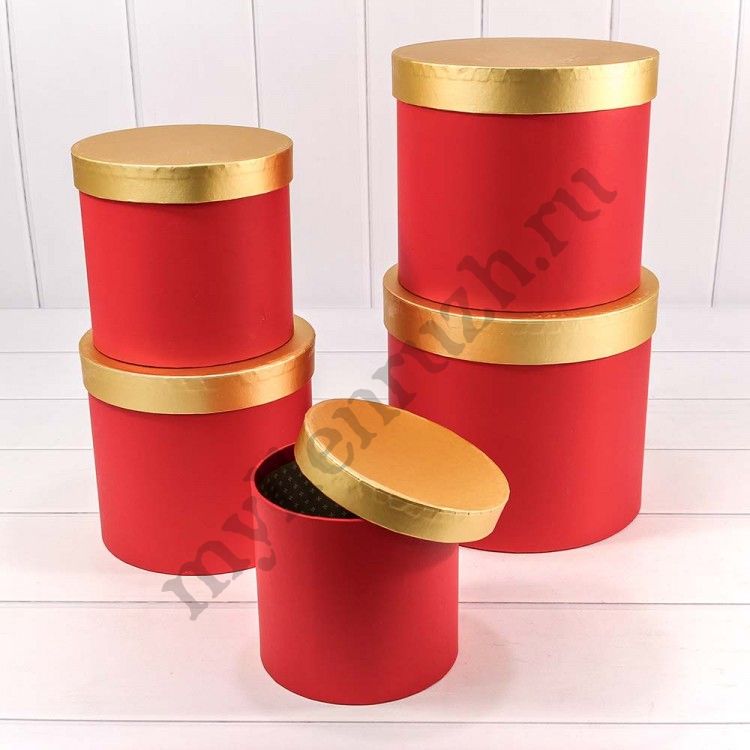 Коробки Цилиндр, набор 5 в 1, красный с золотой крышкой