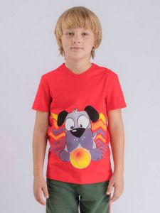 Р102581 Красная футболка для мальчика с принтом собаки Свитанак Белоруссия