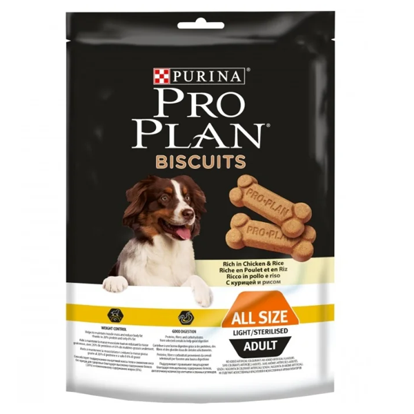 Лакомство для собак Pro Plan Biscuits с курицей и рисом для склонных к избыточному весу или стерилизованных собак 400гр
