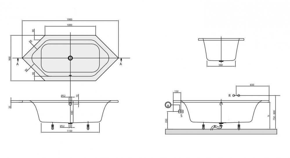 Акриловая ванна Villeroy&Boch Loop&Friends 190x90 UBA199LFS6V-01 схема 2