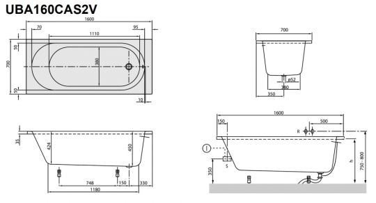 Акриловая ванна Villeroy&Boch O.Novo 160x70 UBA160CAS2V-01 схема 2