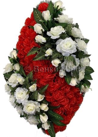 Фото Ритуальный венок из искусственных цветов - Элит #37 красно-белый из роз и гвоздик
