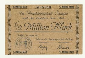 Германия Saulgau 1/2 миллиона марок 1923 год aUNC/ПРЕСС. Редкая банкнота.