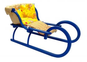 Санки деревянные синие с матрацем "Мишка" Люкс (желтый, бежевый)