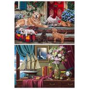 Раскраска алмазная Рыжий кот 30*40см двусторонняя Семья ретриверов/Натюрморт с парусником