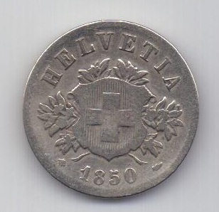 20 раппен 1850 года Швейцария XF