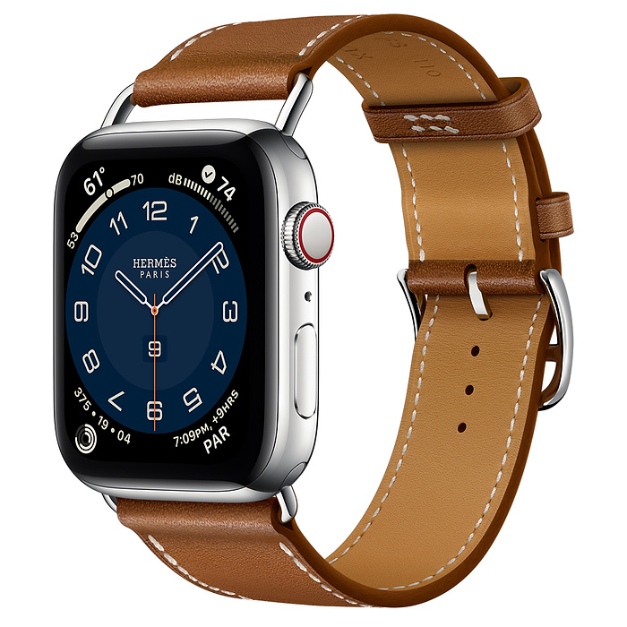Часы Apple Watch Hermès Series 6 GPS + Cellular 44mm Silver Stainless Steel Case with Fauve Barénia Leather Attelage Single Tour