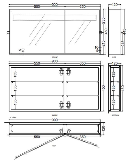 Горизонтальный зеркальный шкафчик Cielo Arcadia Simple Box SPSB 90х45 схема 1