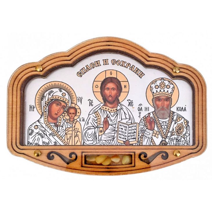 Тройник  «Спаси и Сохрани» в фигурной деревянной рамке с ладаном