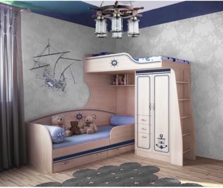 Кровать-чердак Капитан с низкой кроватью и бортиком