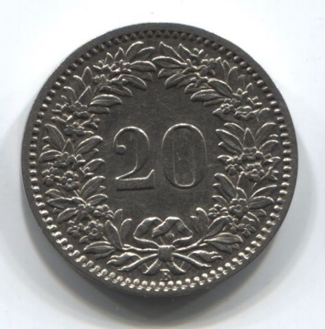 20 раппенов 1885 Швейцария XF+ редкий год