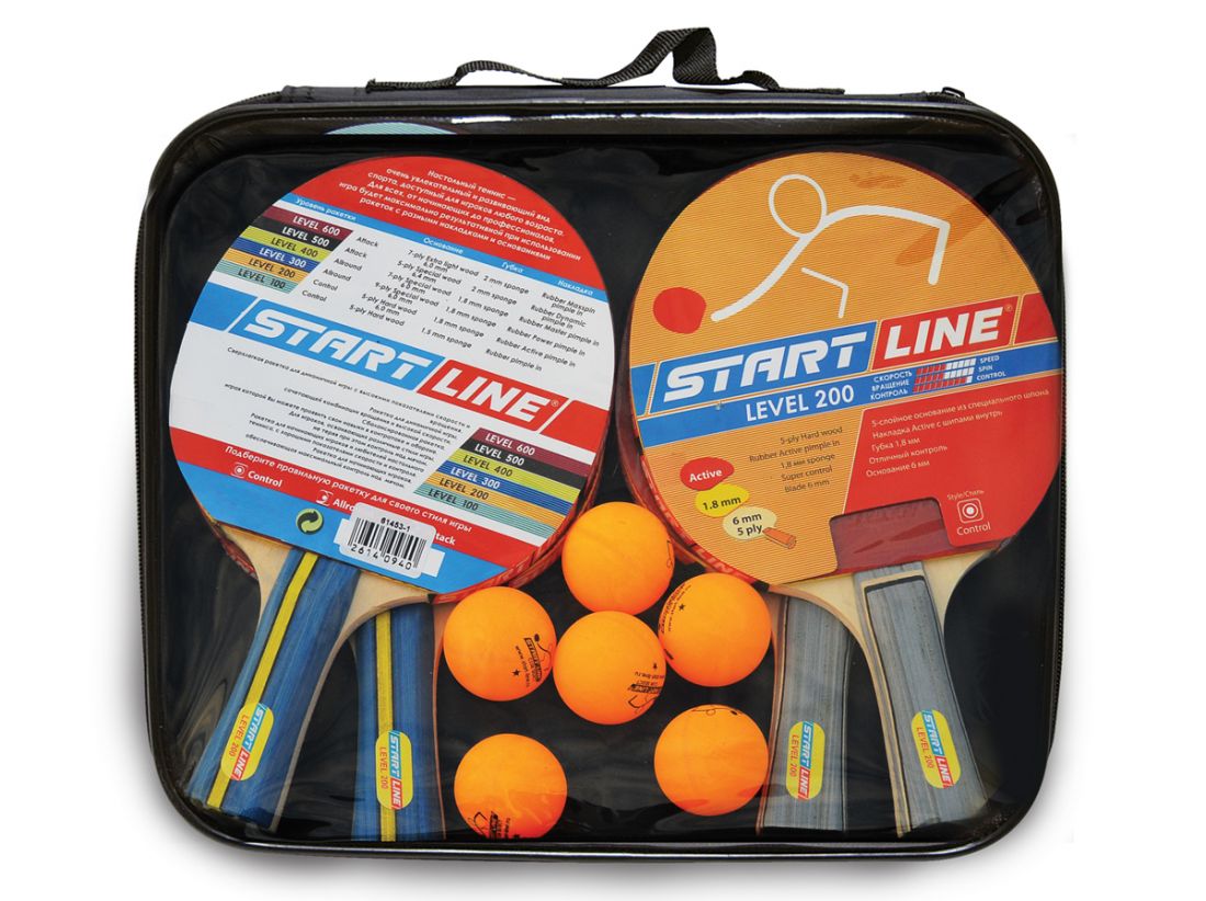 Набор START LINE: 4 Ракетки Level 200, 6 Мячей Club Select, упаковано в сумку на молнии с ручкой.