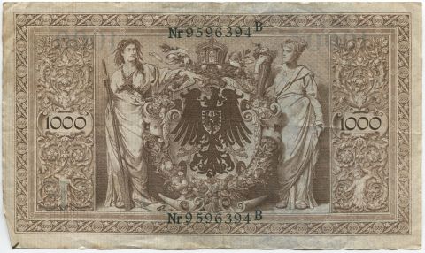 1000 марок 1910 Германия, зеленый серийный номер