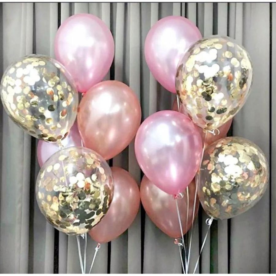 Композиция из шариков розовое золото и шарики с конфетти