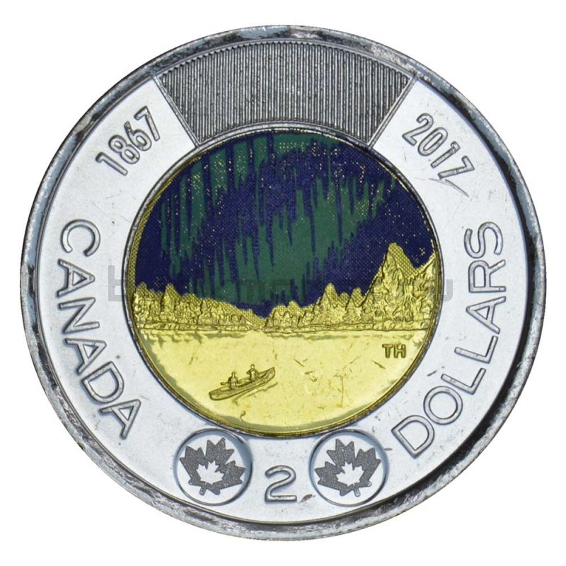 2 доллара 2017 Канада Полярное сияние Цветная (150 лет Конфедерации Канада)