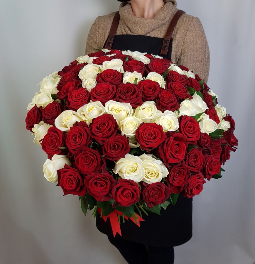 Красные и белые розы с лентой 50см