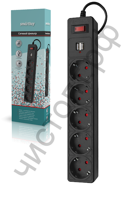 Удлинитель Smartbuy cетевой фильтр c USB, 10А, 5 гнезд, c з/ш, земля, ПВС 3x0,75, 3 м., черный (SBSP-30U-K)