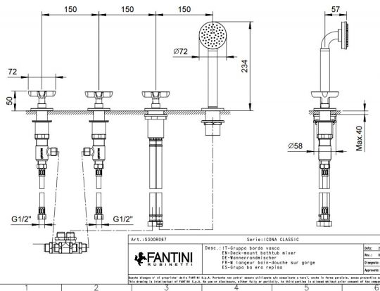 Набортный смеситель для ванны Fantini Icona Classic R067 без излива схема 1