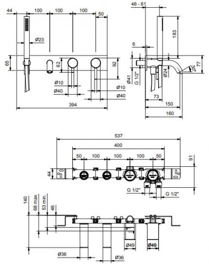 Смеситель для ванны и душа Fantini Nostromo E820B с 4 отверстиями для монтажа схема 1