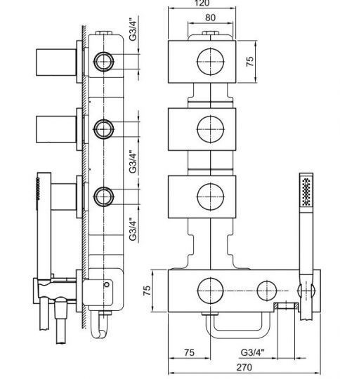Термостатический встраиваемый смеситель для ванны и душа Fantini Milano 4714B схема 1