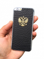 Кожаный чехол-накладка с гербом РФ черный фон на iPhone