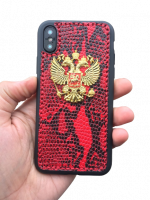 Кожаный чехол-накладка с гербом РФ красный фон на iPhone