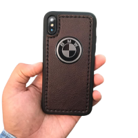 Кожаный чехол-накладка с логотипом  "BMW" коричневый на телефон